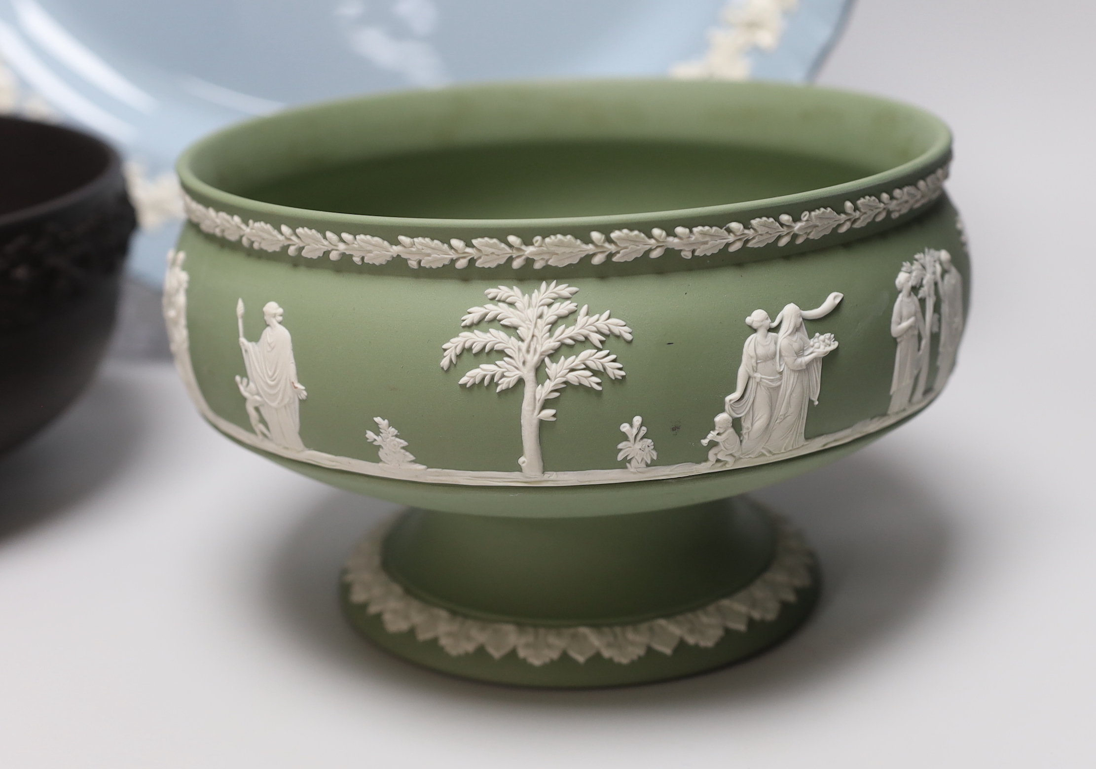Three Wedgwood Jasperware items, platter, basalt bowl and a sacrifice bowl, largest 41cm long